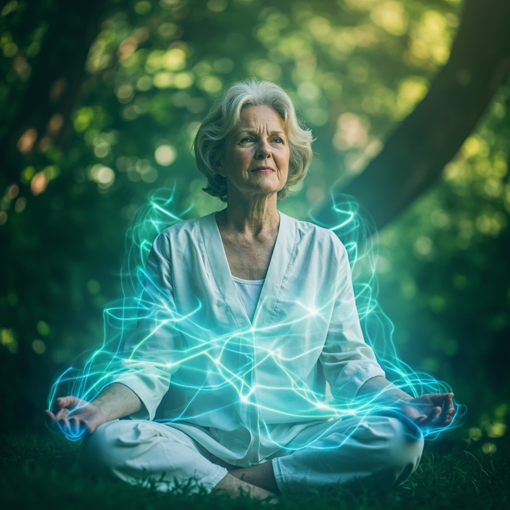 prompt: Serene middle-aged woman meditating peacefully outdoors at dawn, soft golden light aura around her chest and abdomen symbolizing heart and hormonal balance, calm expression overcoming menopause mood swings, realistic style