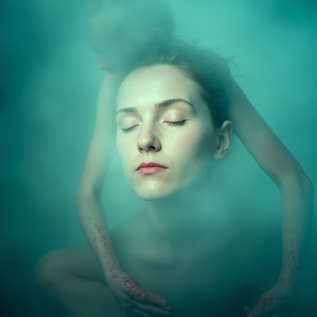Serene person with glowing clear skin meditating in soft light, beside a faded image of stressed figure with subtle red hives on arms, calming blue-green tones symbolizing healing from stress