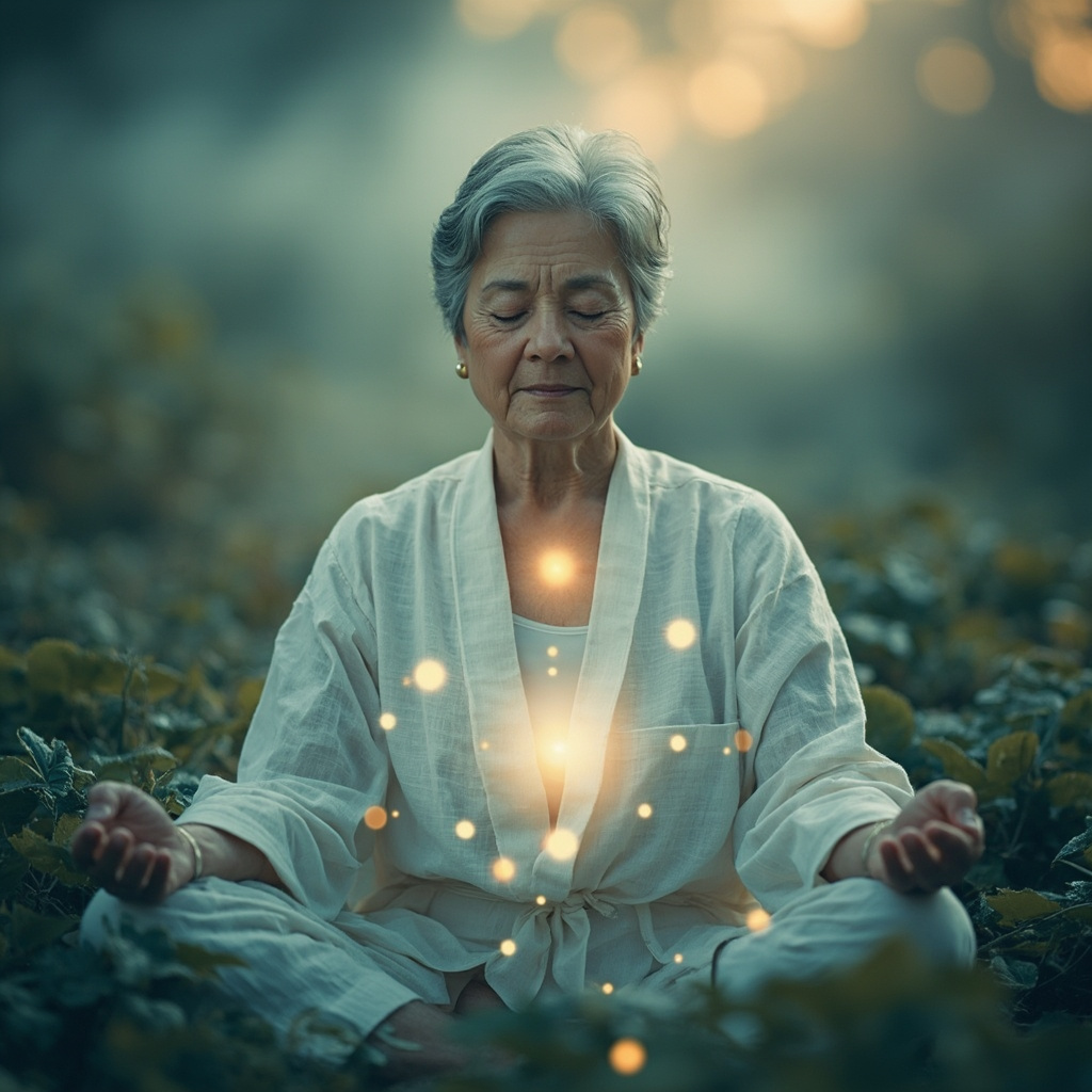 Serene middle-aged woman sitting cross-legged in a peaceful garden at dawn, eyes closed in meditation, soft glowing lights on her hand, neck, chest, abdomen, and wrist symbolizing energy balance, pastel blues and greens, calming atmosphere.