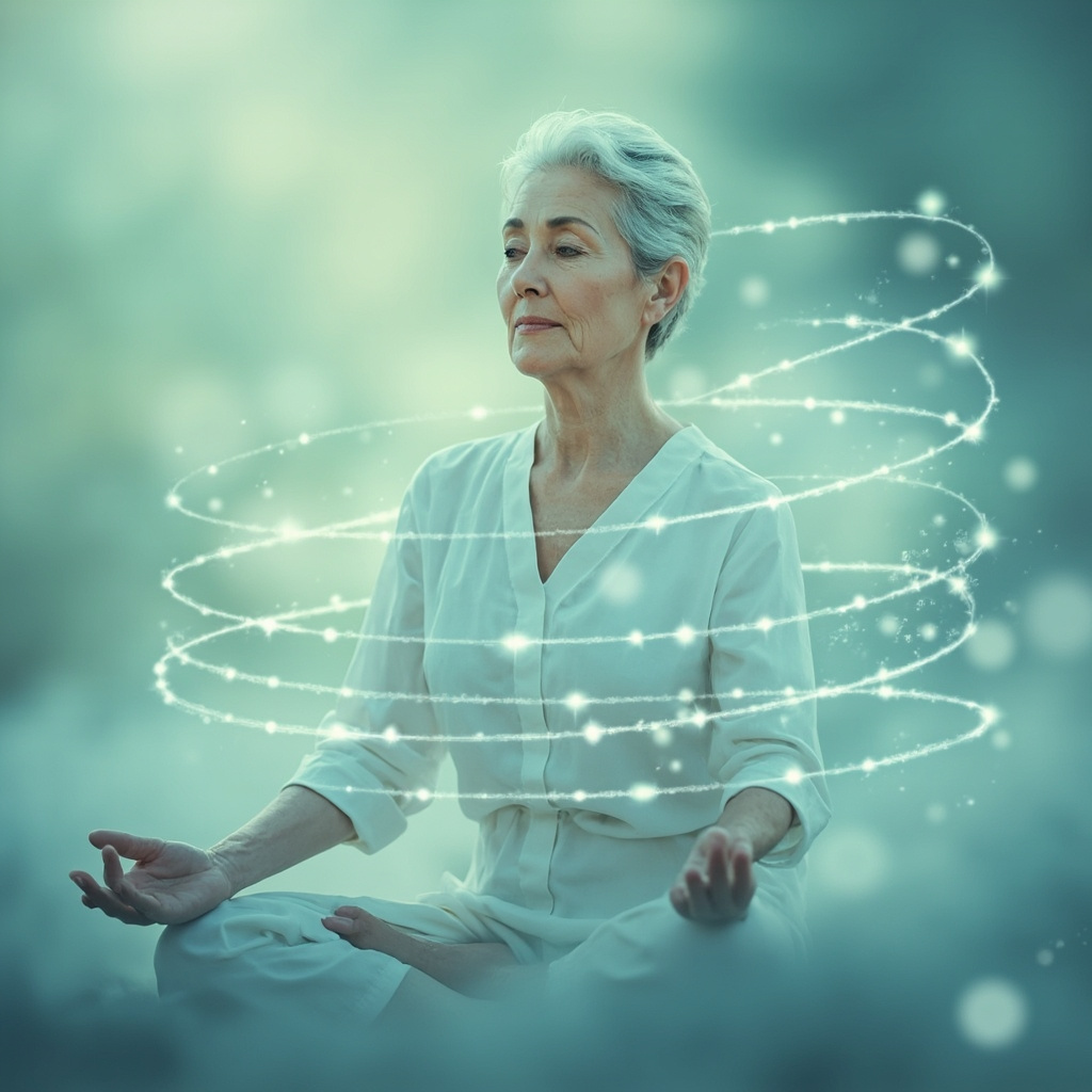 Serene middle-aged woman in soft lighting, eyes closed in meditation, subtle glowing energy lines connecting shoulders, throat, face, head, and feet, symbolizing calm and balance during menopause, pastel blues and greens, peaceful expression.