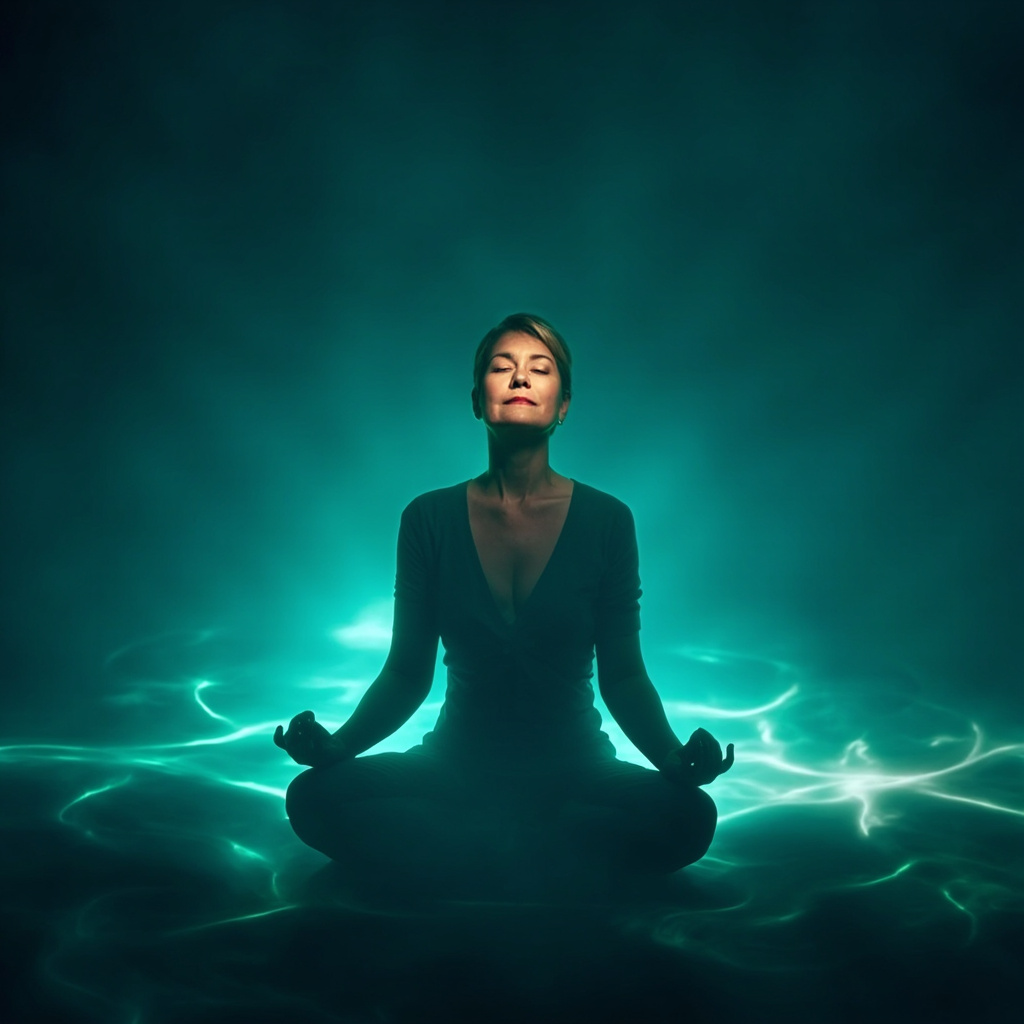Serene middle-aged woman in soft lighting, eyes closed in meditation, surrounded by subtle glowing energy waves symbolizing emotional balance and hormonal harmony, calming blues and greens.