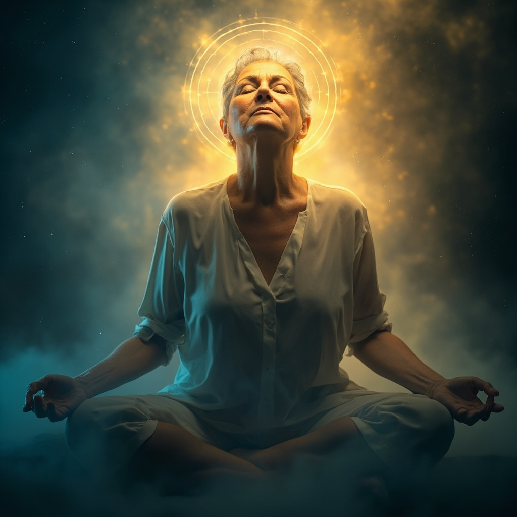 Serene midlife woman glowing with inner energy, soft light auras around brain and adrenal glands, symbolizing hormonal balance, calm blues and warm golds, meditative pose.