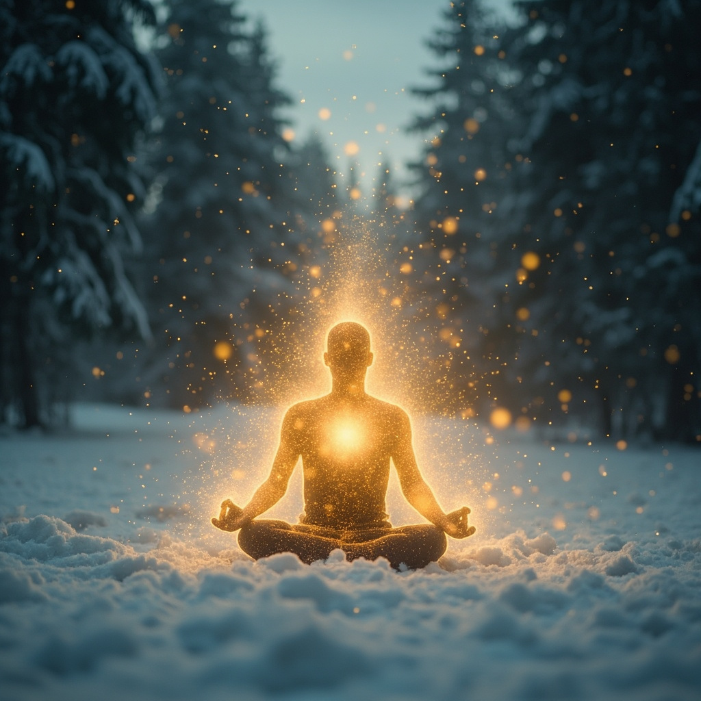 Serene winter forest scene with a figure in meditative pose, warm golden energy auras radiating from chest, liver region, and legs, symbolizing mood uplift and vitality amidst soft snowfall