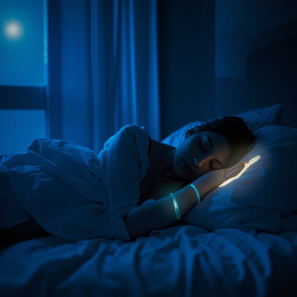 Serene bedroom at night with a relaxed person in bed under soft moonlight, subtle glowing points on wrists, ankles, feet, and head symbolizing calming energy centers, peaceful blue tones.