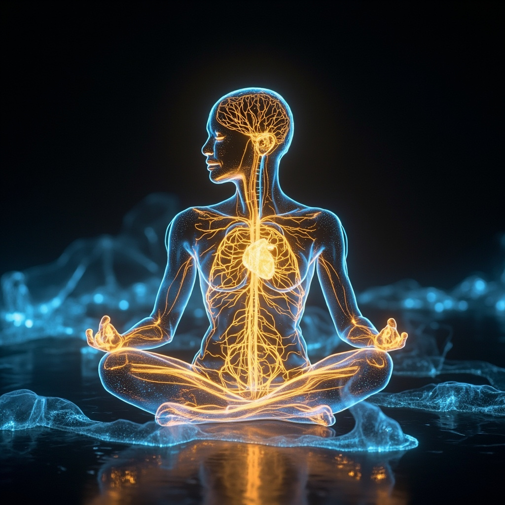 Serene human silhouette with glowing neural pathways connecting heart and brain to eyes, ears, nose, and skin; soft blue and gold light waves symbolizing mental clarity, emotional balance, and Ayurvedic harmony
