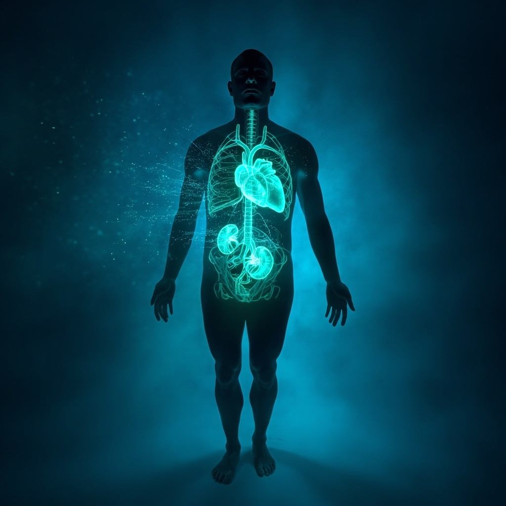 Human silhouette with glowing vital organs (heart, liver, lungs, kidneys) emitting harmonious blue-green frequency waves, serene background, symbolizing balanced energy and vitality.
