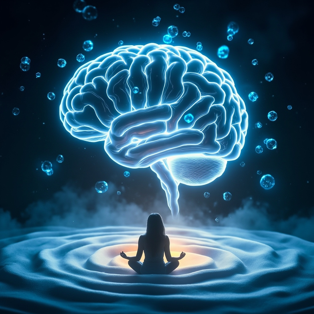 Serene human brain with glowing blue serotonin molecules flowing smoothly, surrounded by calm waves of energy, a peaceful person meditating in soft light, symbolizing mood balance and emotional healing.