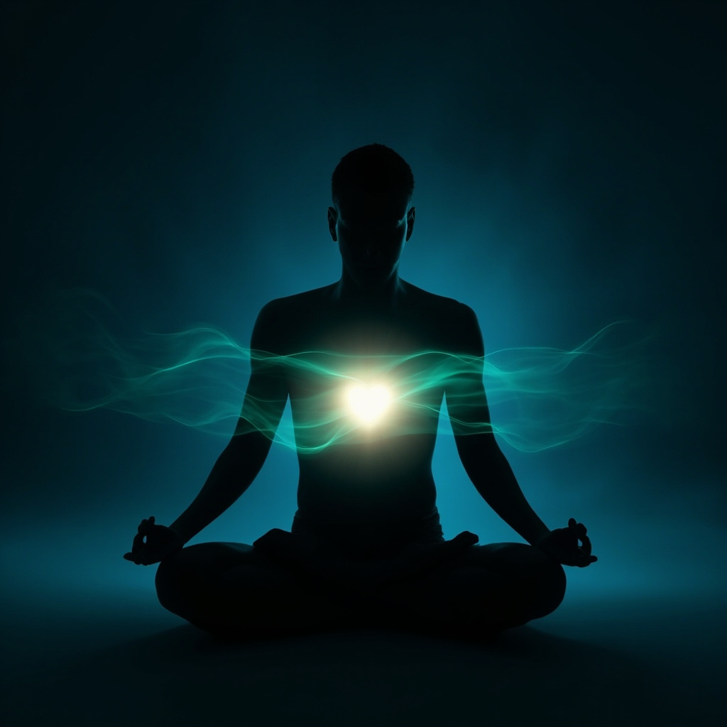 Serene human silhouette meditating with a glowing heart center emitting soft blue and green wave patterns symbolizing VLF and HF heart rate variability, evoking balanced autonomic nervous system and emotional calm, minimalist style.