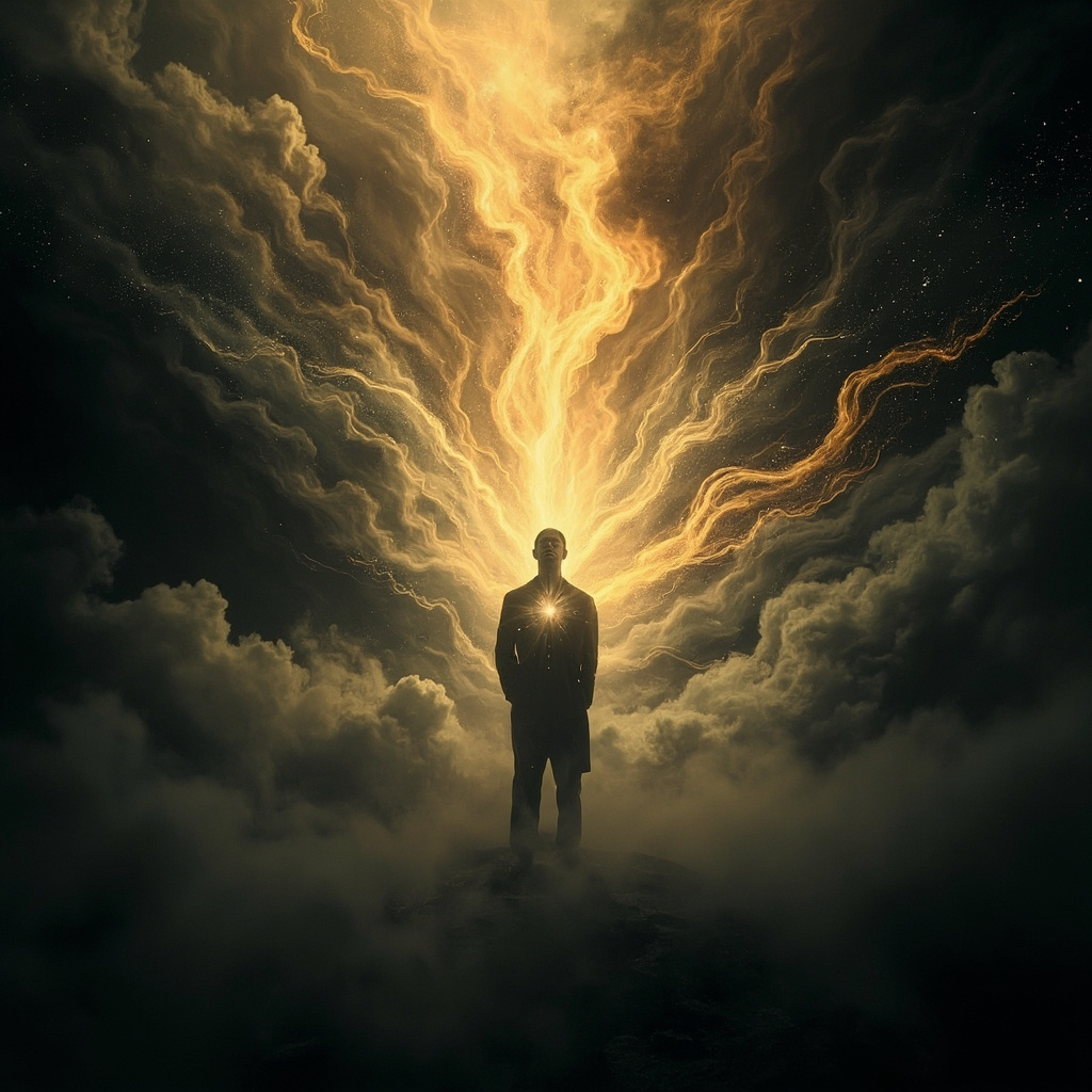 A person standing calmly amid swirling shadows of fears transforming into light waves from heart and brain, with subtle acupuncture points glowing.
