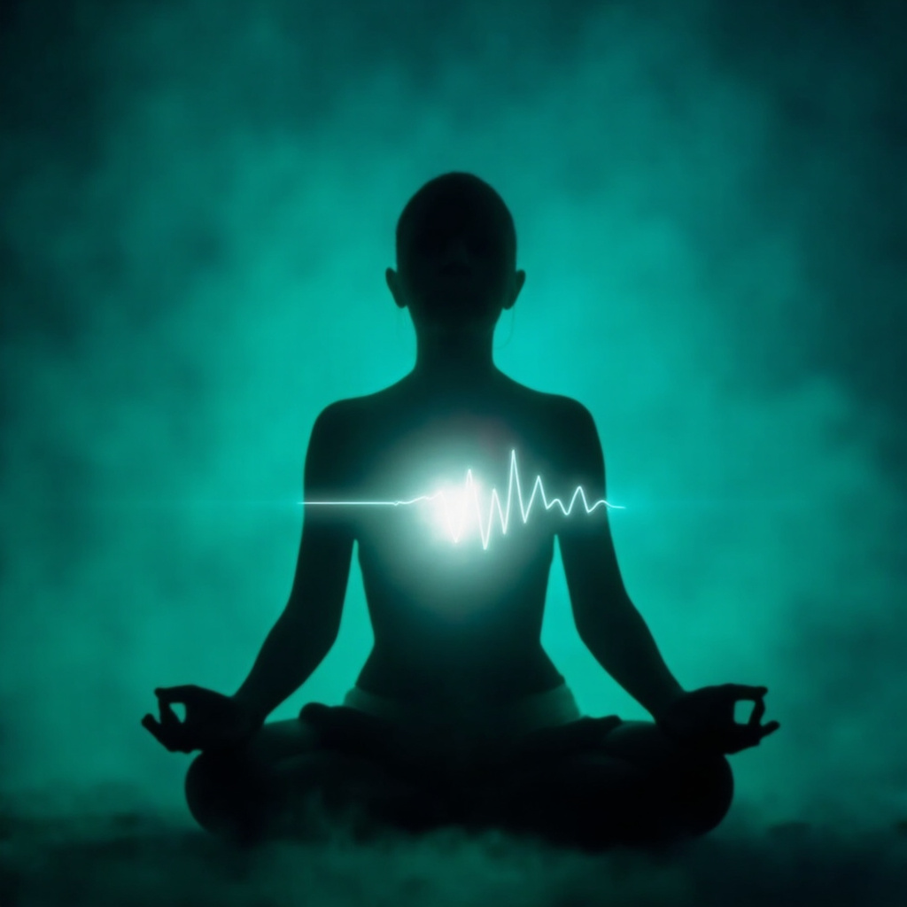 Serene person sitting cross-legged in soft glowing light, heart area with smooth wavy HRV lines transforming from jagged to flowing, peaceful blue and green tones, minimalist style.