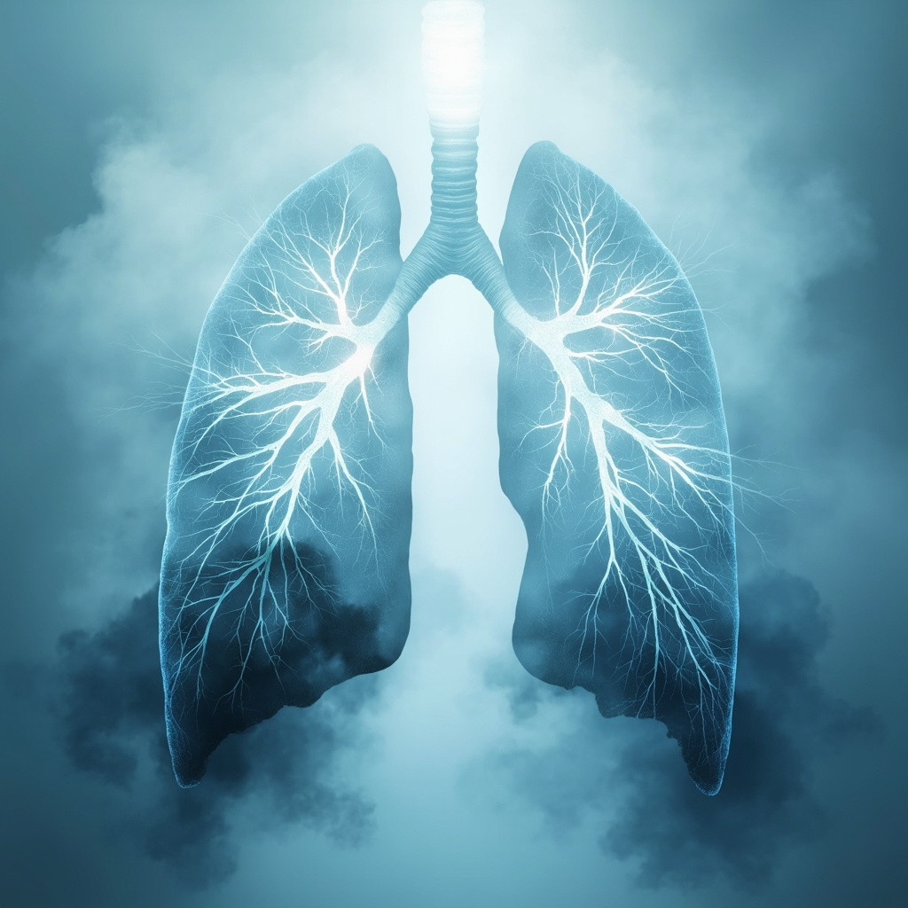 Serene artistic rendering of human lung lobes in soft blues and whites, with glowing airways symbolizing oxygen flow and emotional release from dark fear clouds transforming to light calm waves