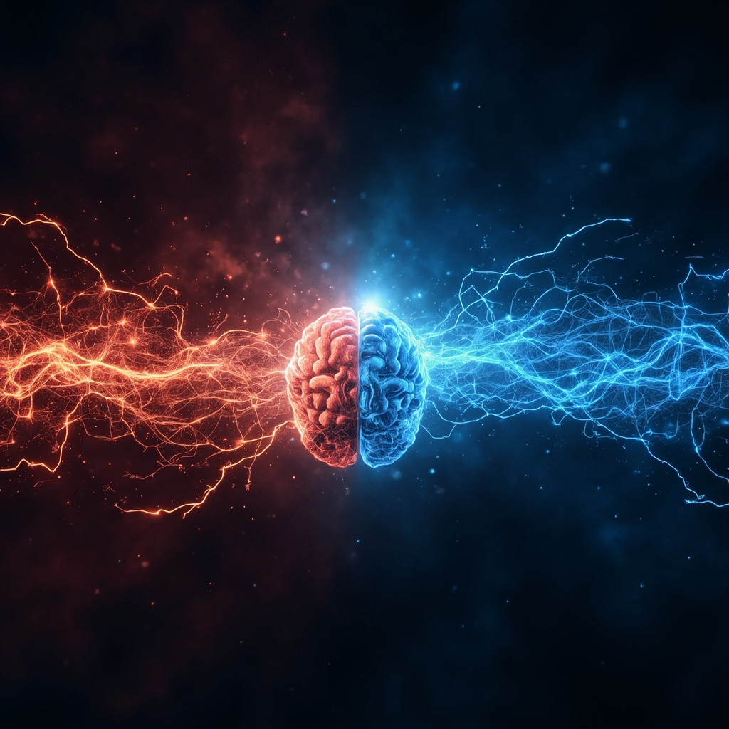 A vibrant network of neurons: chaotic red sparks of stress disrupting signals on left, transitioning to serene blue waves of balanced frequencies and harmonious connections on right, brain silhouette in background, calming gradient.