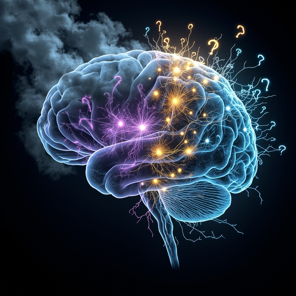 Illustration of a human brain with glowing neuron cell nuclei under emotional stress, showing symbols of confusion like question marks and fog, transitioning to clarity with frequency waves.