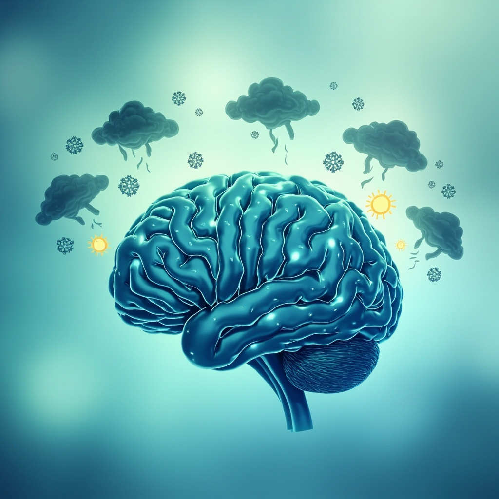 Soft illustration of human brain with subtle virus particles infiltrating neurons, surrounded by icons of mood swings like storm clouds and sunny faces transitioning, in calming blue and green tones, professional health style