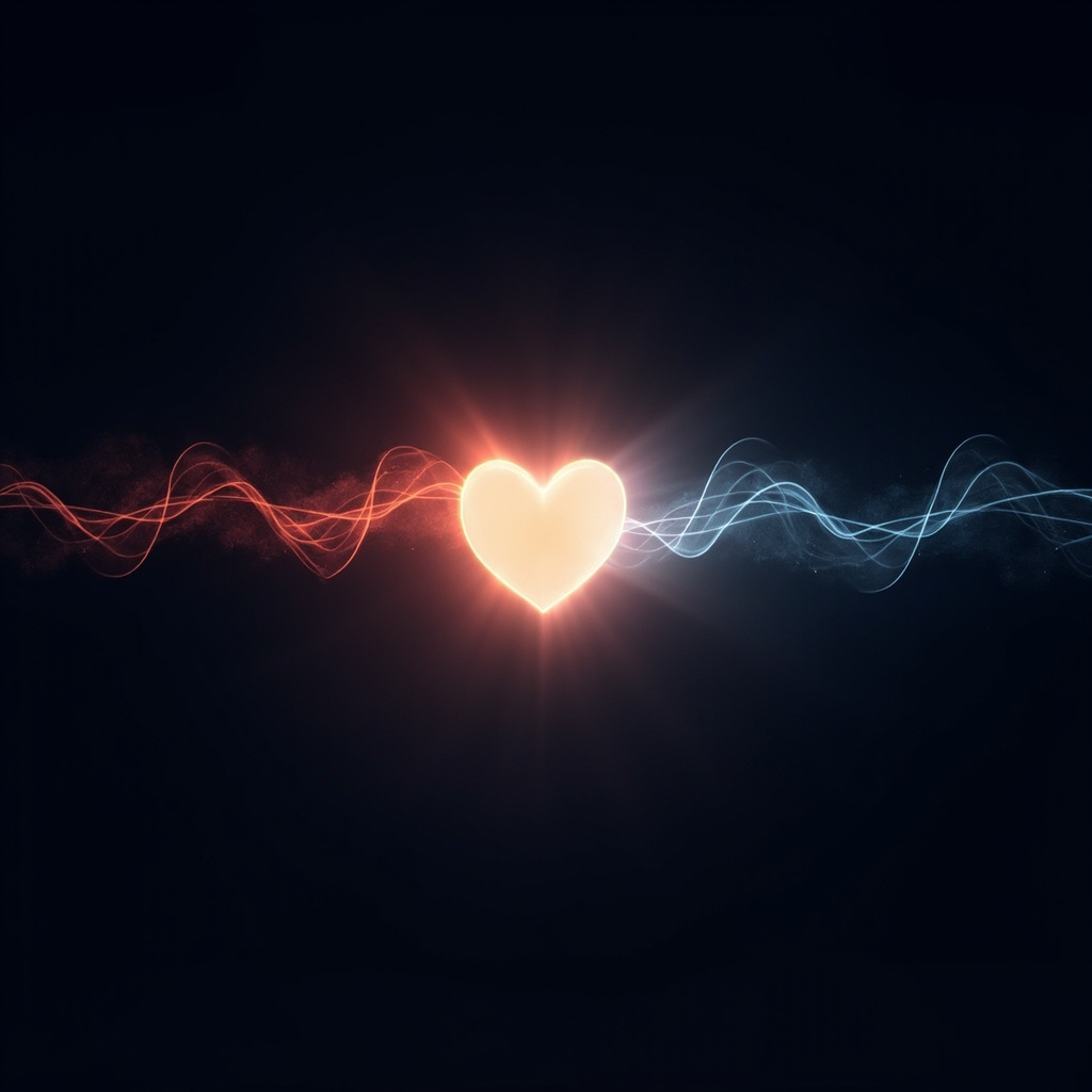 Serene illustration of a glowing heart with subtle wavy lines showing variable heartbeat intervals, transitioning from chaotic red stress waves to smooth blue calm energy flows, minimalist style for emotional balance.