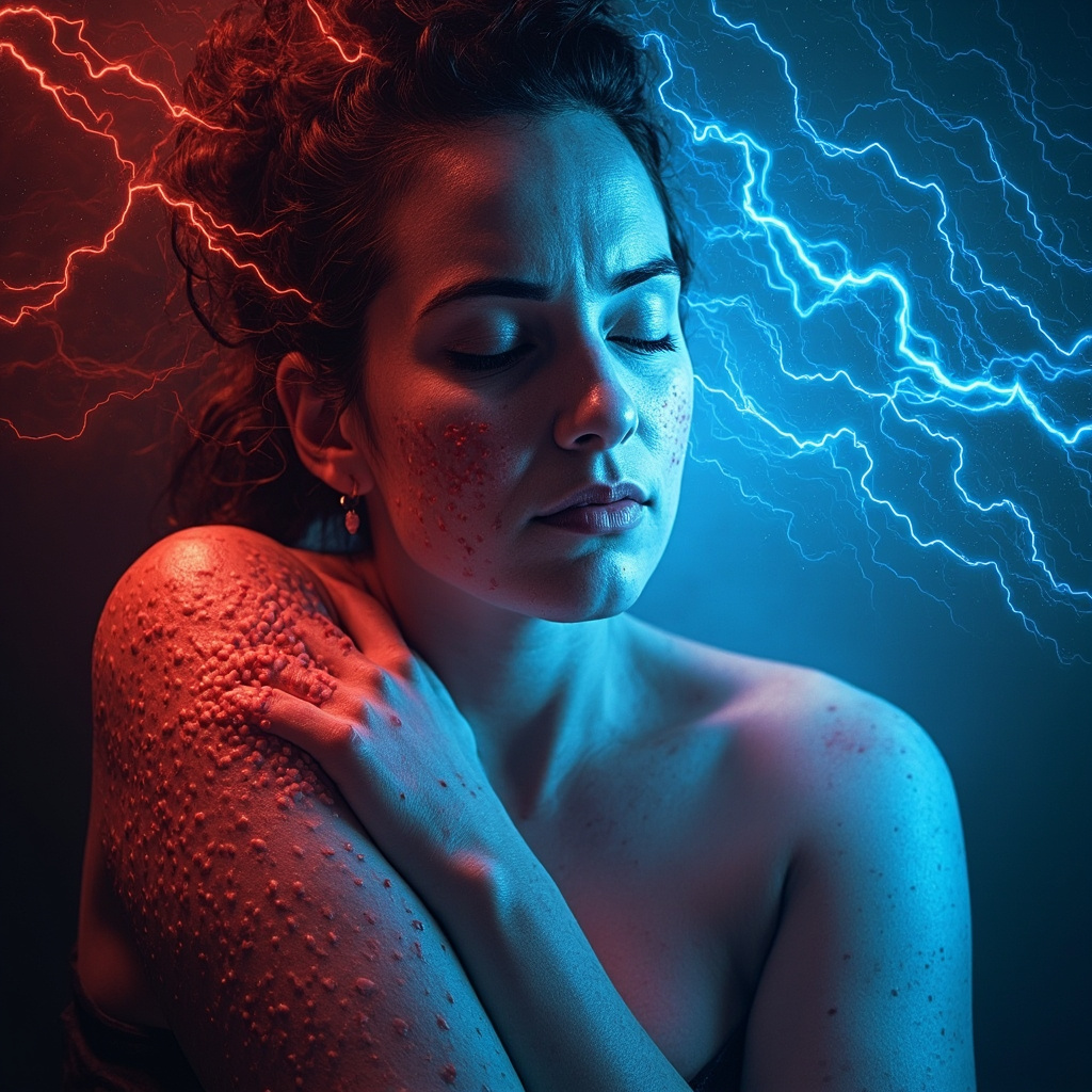 Illustration of a human brain with glowing alpha and delta wave patterns during obsessive thoughts, transitioning to balanced energy waves, in soft blue and green tones, symbolizing shift from compulsion to calm focus