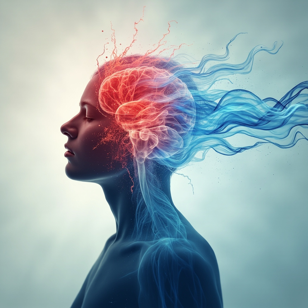 Serene human silhouette with soft glowing muscles and brain waves transitioning from tense red cysts to calm blue relaxation flows, minimalist background in pastel tones