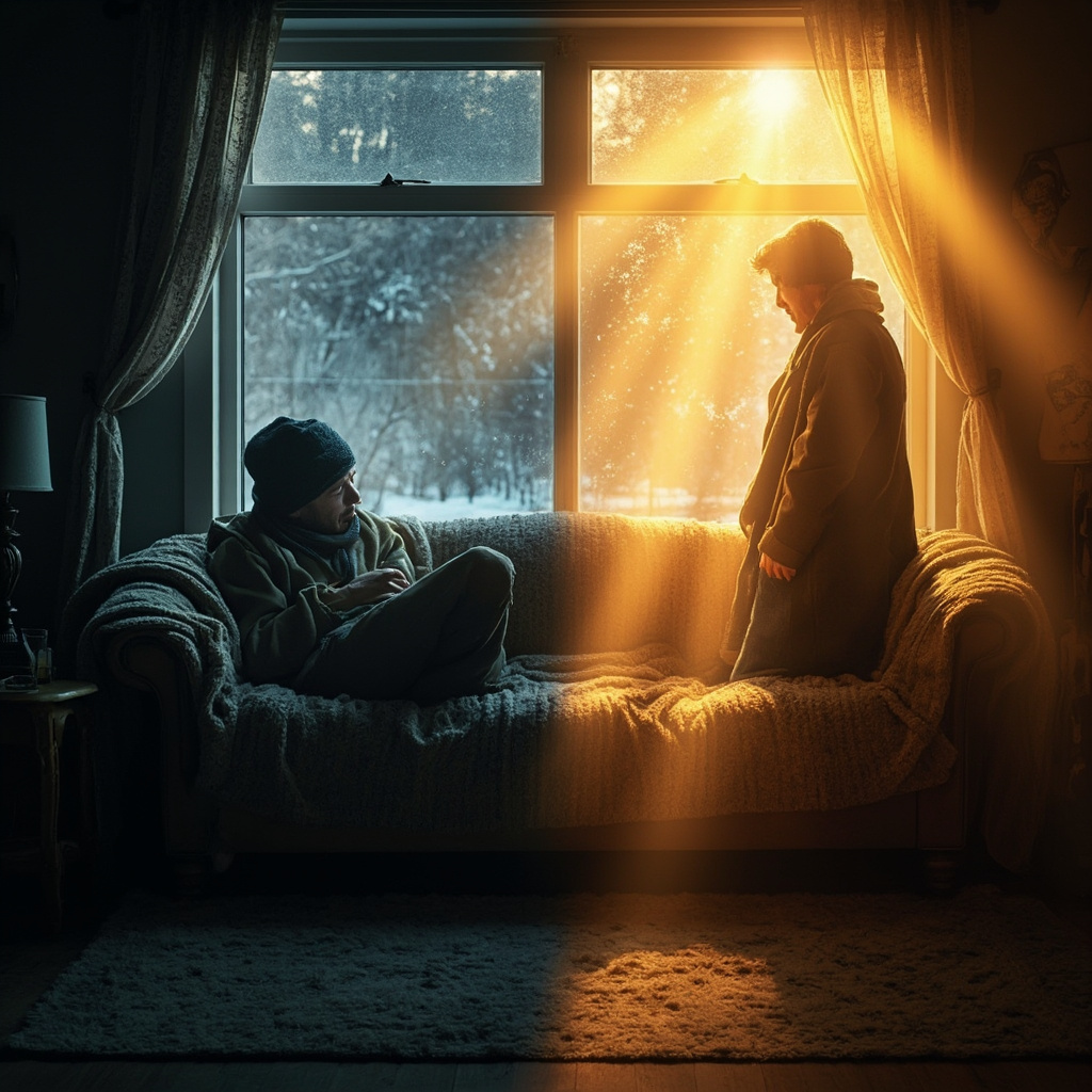 Cozy winter room with dim light, a tired person on couch looking out snowy window, transitioning to bright energy with warm glow and active figure, symbolizing overcoming winter depression.