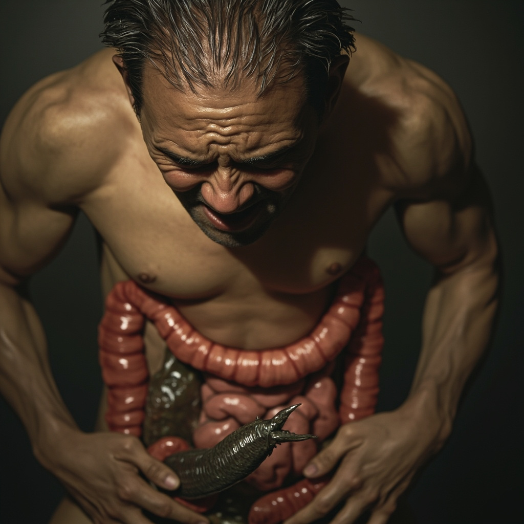 Realistic digital art of a distressed adult holding their stomach in pain, subtle transparent overlay of human intestines with a thorny-headed worm attached to the wall, anxious expression, soft lighting in earthy tones evoking unease and gut health theme.