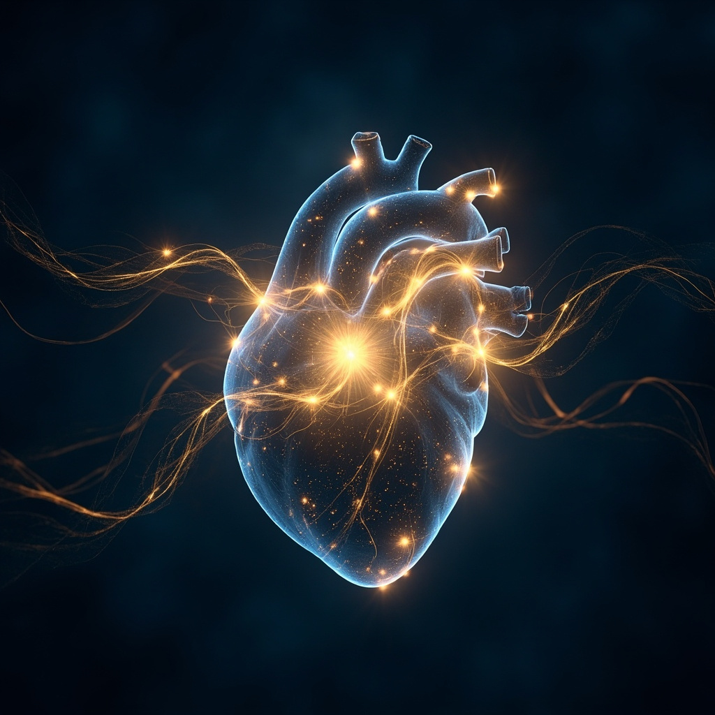 A calm, abstract visualization of a glowing human heart silhouette integrated with gentle, flowing light frequencies and soft, meditative blue and gold colors.
