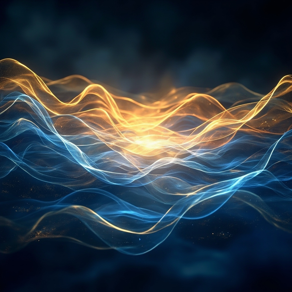 A calm, abstract visualization of soft, flowing blue and golden light waves merging into a balanced, centered geometric pattern, representing internal harmony.