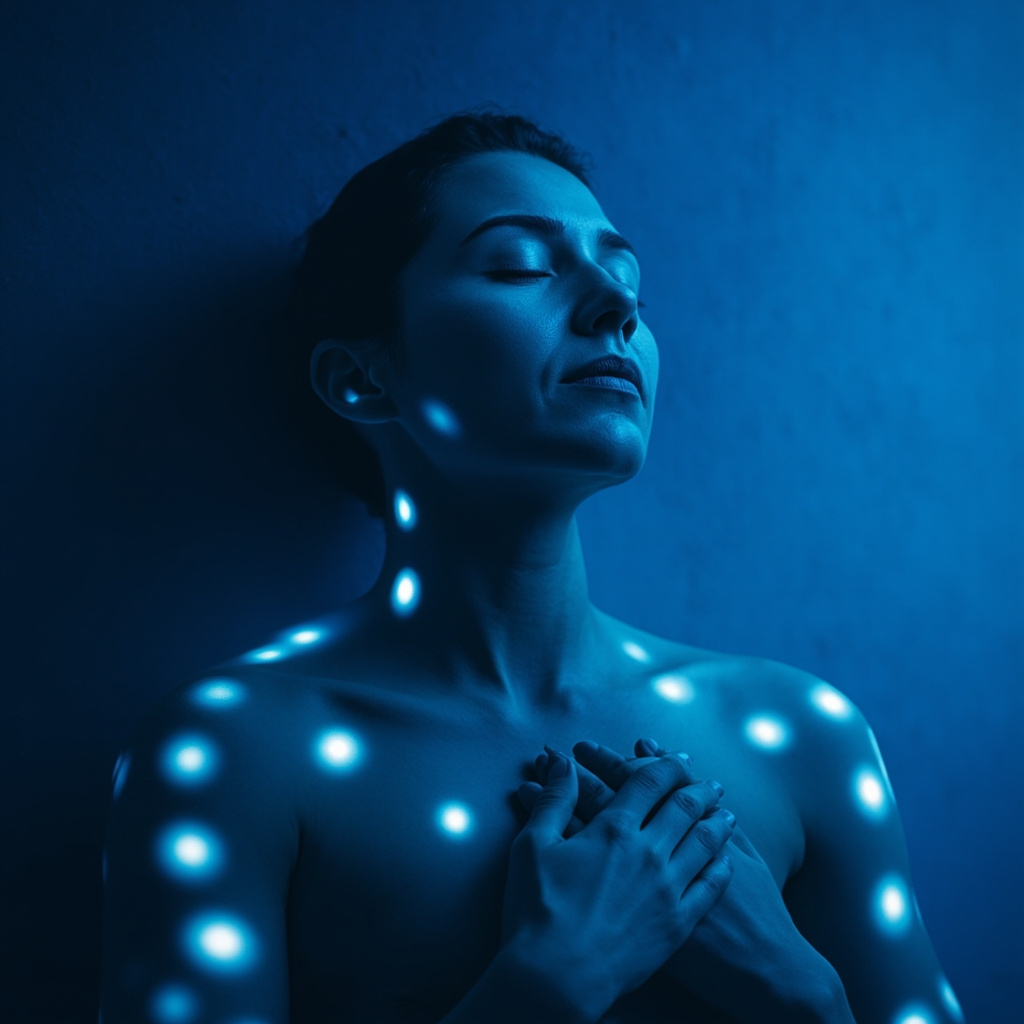 Serene person with subtle glowing acupuncture points on forehead, arms, and nose highlighted against a calm blue background, symbolizing mind-body harmony for allergy relief.