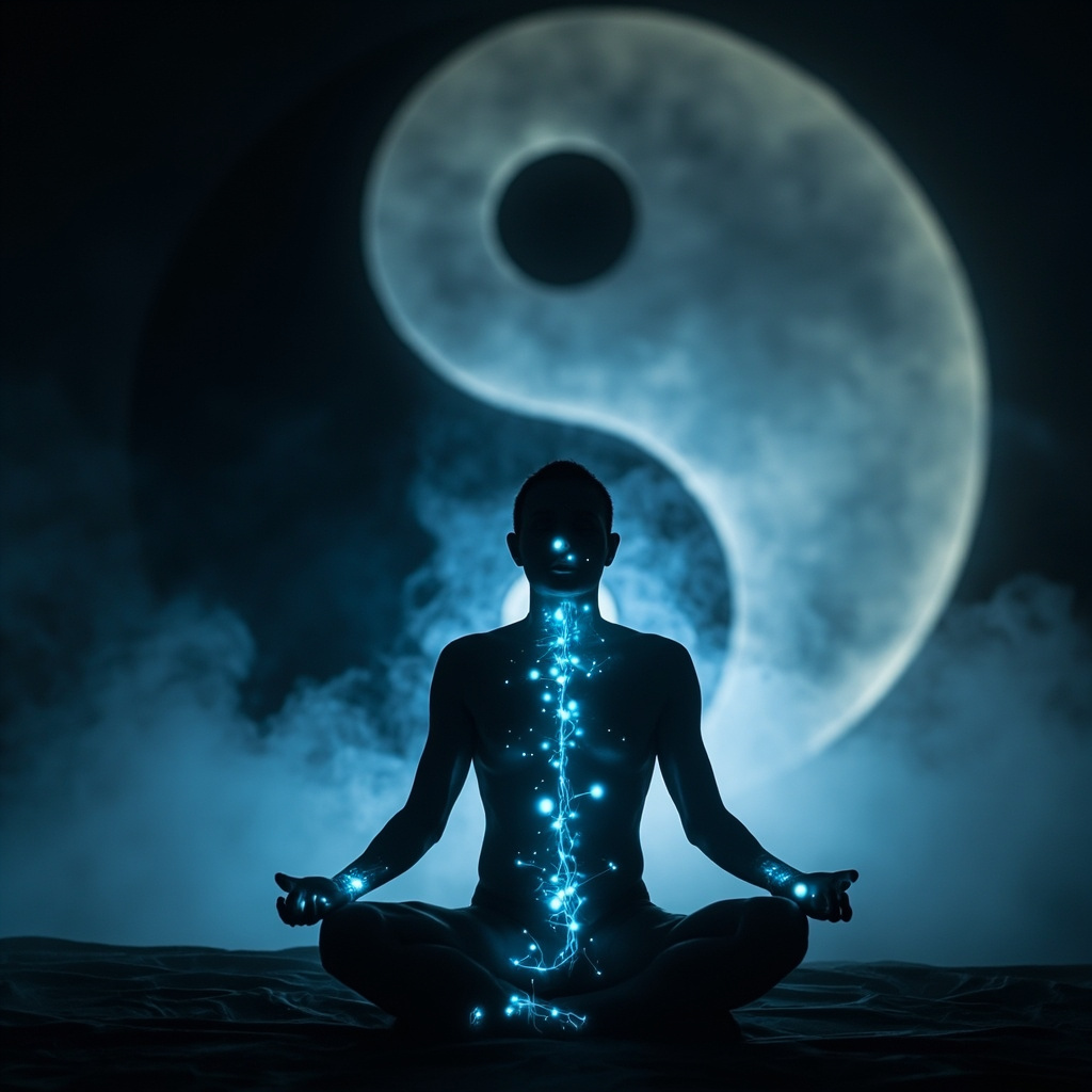 A serene silhouette in lotus position against a yin-yang background, with soft glowing lights at acupuncture points on the wrists, abdomen, ankles, and face, waves of calming blue energy flowing through the body, evoking inner peace and balanced psyche.