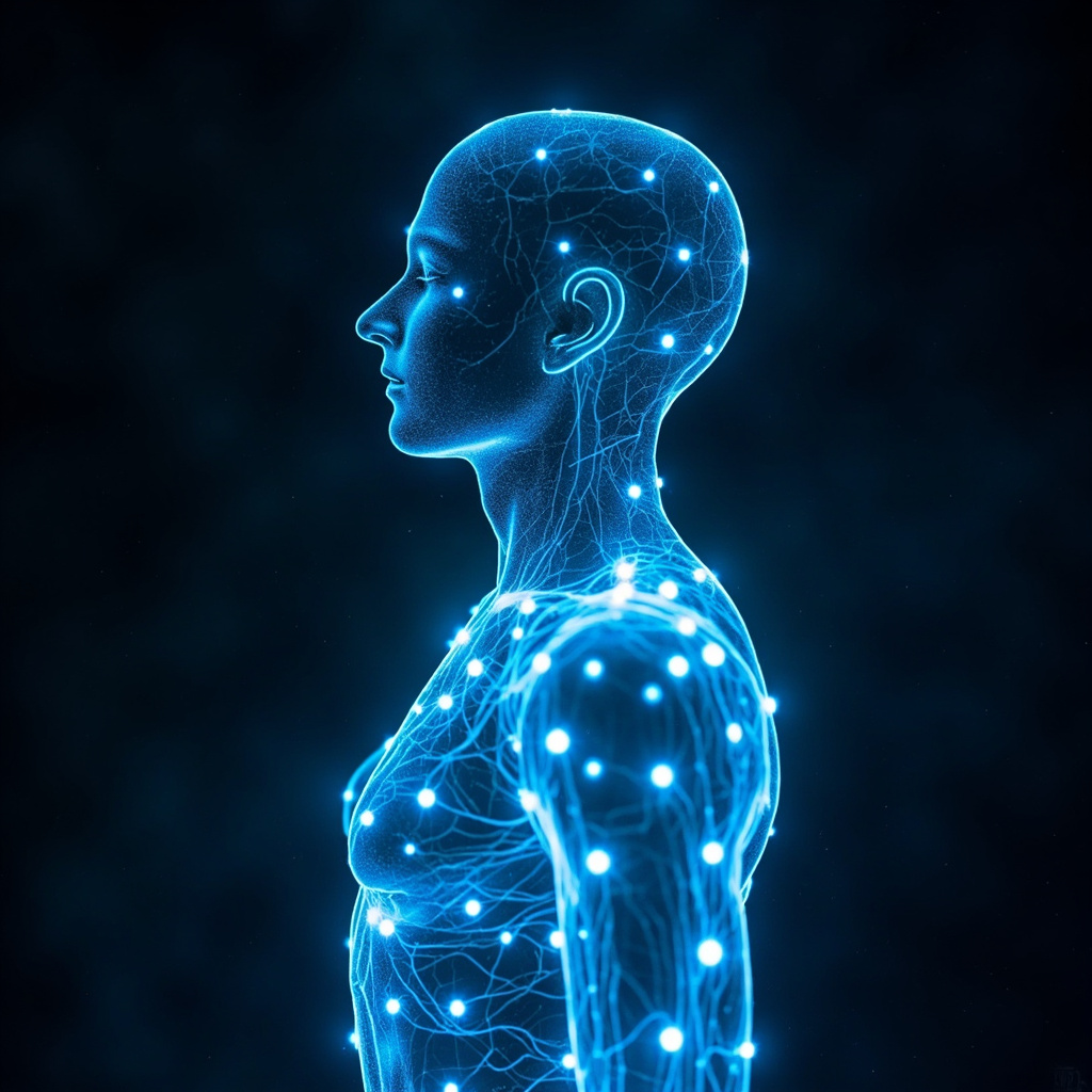 Serene human silhouette with glowing acupuncture points on energy meridians, blue waves flowing smoothly through body, calm face emerging from anxious shadows, soft healing light