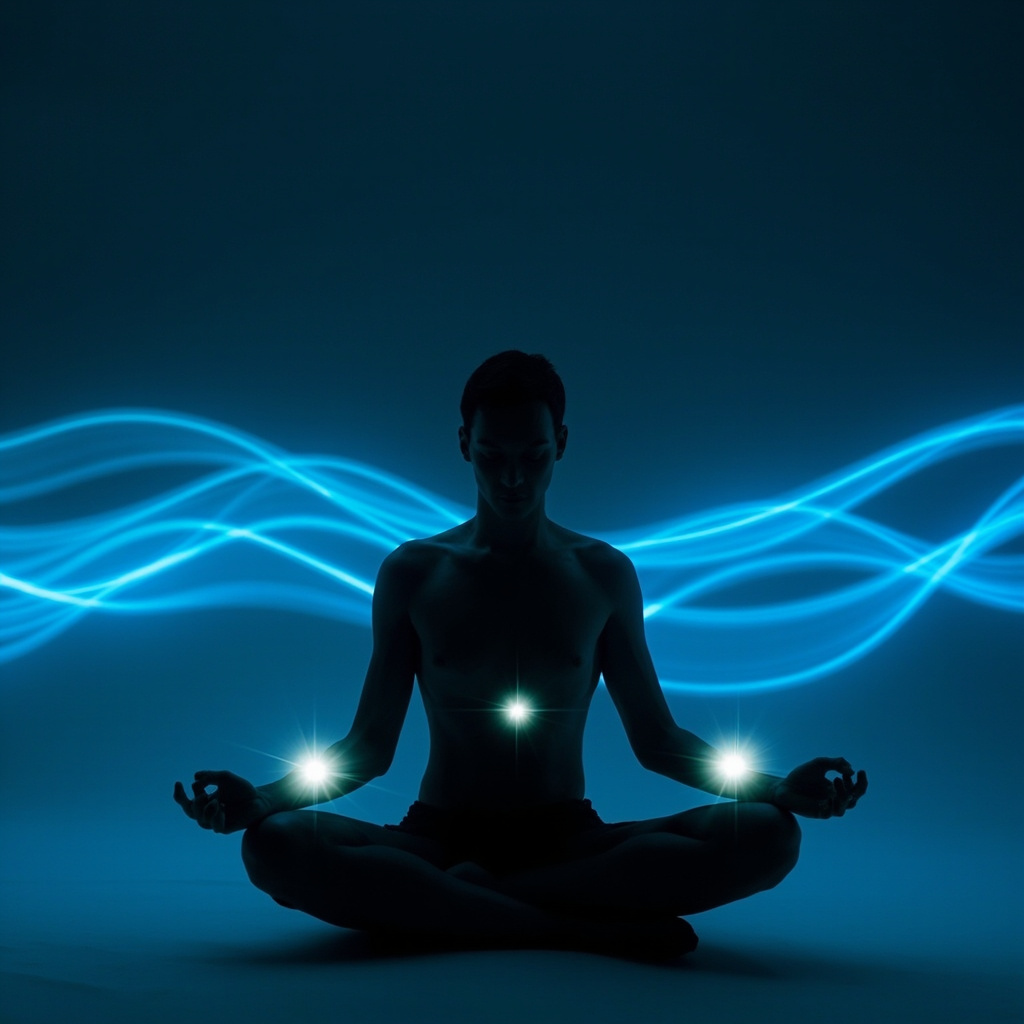 Serene human silhouette with glowing acupuncture points LI11 on elbow, HT7 and PC6 on wrists/forearms, surrounded by soft blue frequency waves and calming meditation aura, minimalist style.