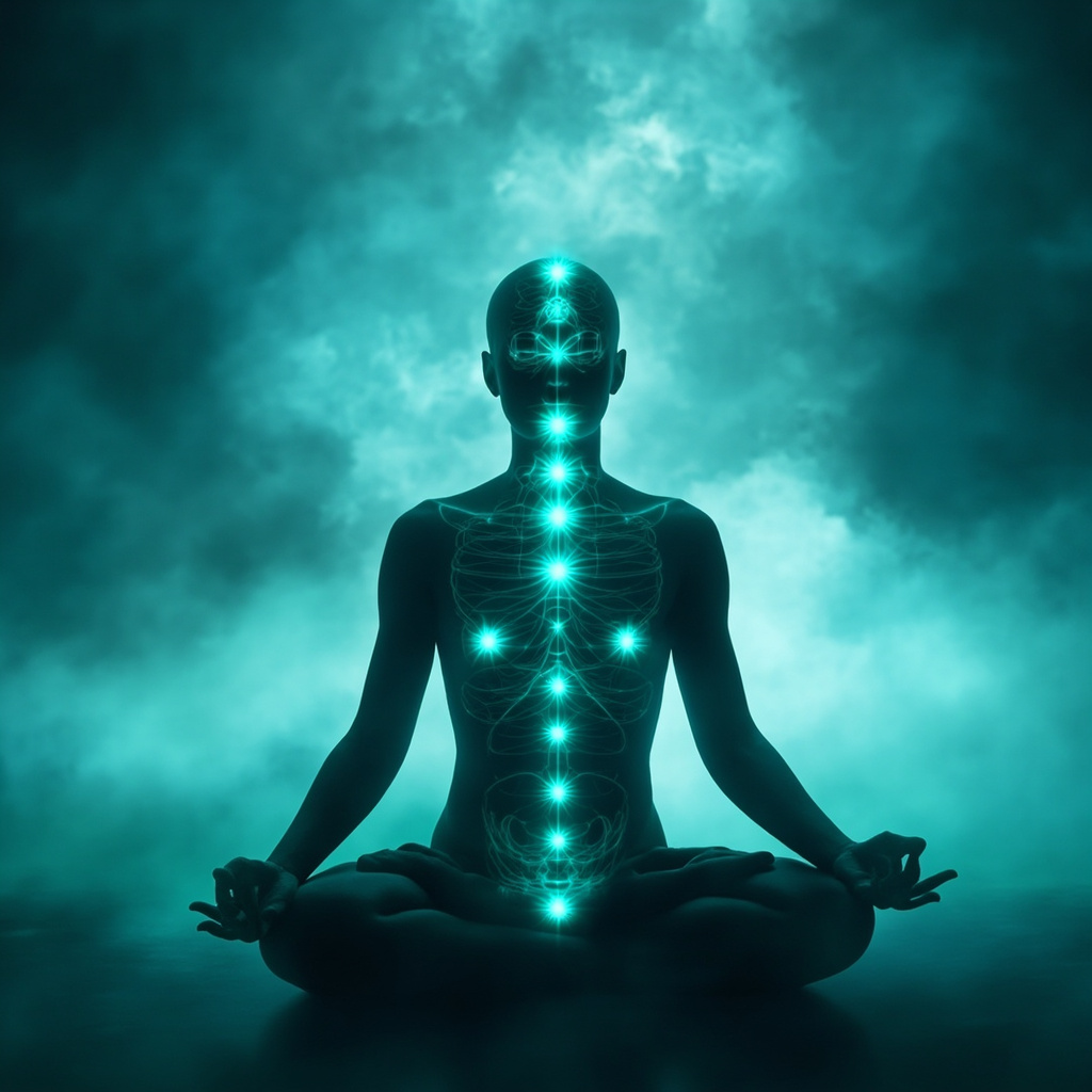 Human silhouette in meditative pose, with glowing blue energy highlights on acupuncture points PC6 (inner wrist), HT7 (wrist crease), GV20 and GV24 (top of head), SP6 (inner lower leg), connected by flowing light lines, serene background of misty mountains and soft light, symbolizing stress reduction and inner psychic harmony