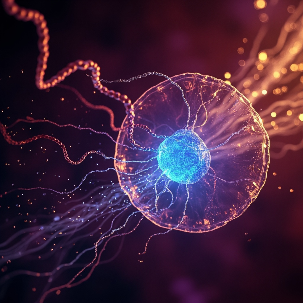 Artistic depiction of a neuron cell nucleus as a glowing blue core inside a neural cell body, with red stress hormone waves approaching and faint RNA strands emerging, symbolizing psyche disruption and inner conflict, in ethereal purple and gold tones.