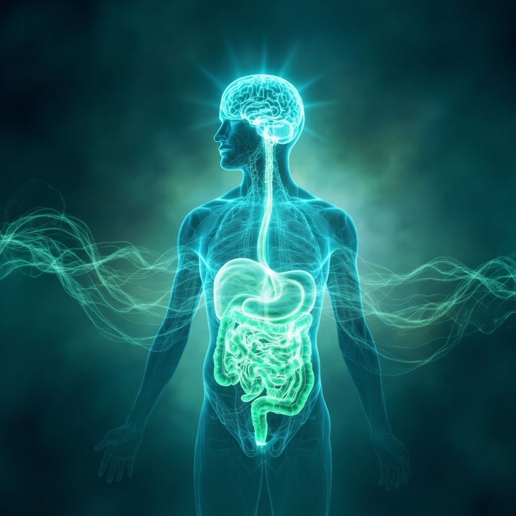 Symbolic artwork of a human figure with glowing connections between the brain and intestines, neural pathways in soft blue and green waves, evoking emotional balance, mental clarity, and gut-brain harmony against a serene background.