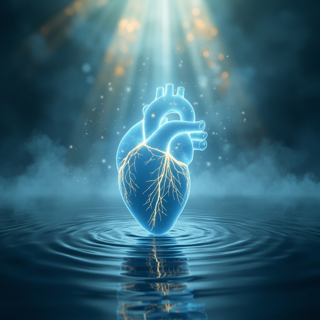 Serene glowing human heart with soft blue frequency waves and neural connections, meditative background, calming light rays symbolizing emotional balance and healing.