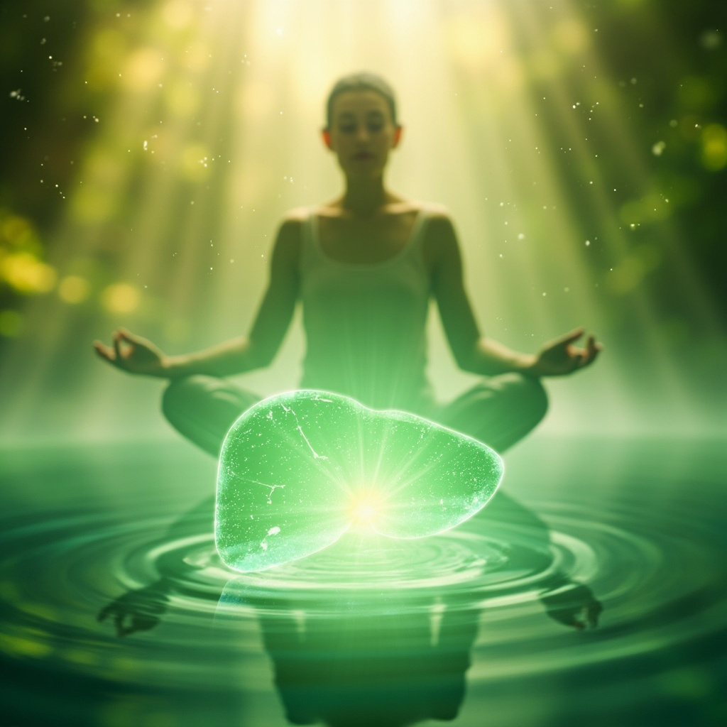 Serene glowing green liver icon with soft energy waves emanating, a calm person meditating in background, symbolizing emotional balance, detoxification, and inner peace in natural light.