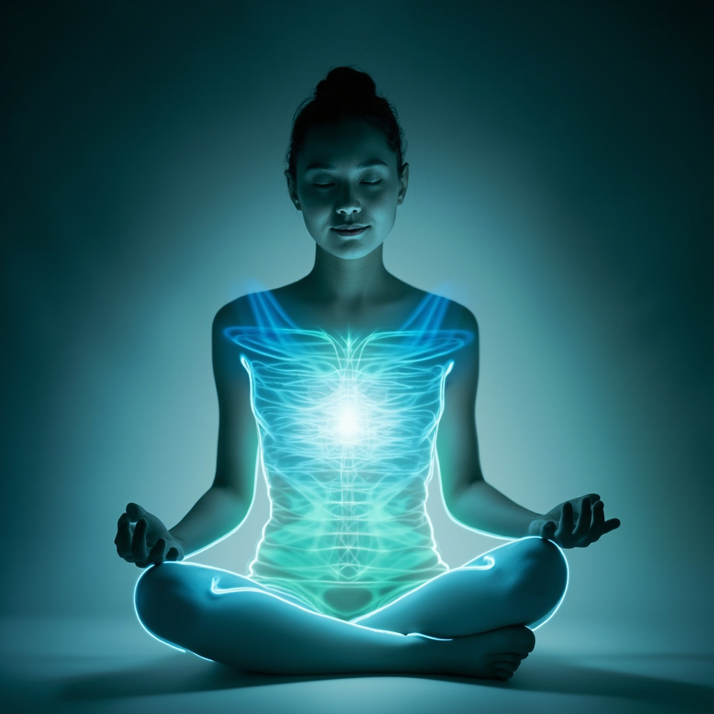 Serene person in lotus pose with glowing balanced energy waves flowing harmoniously between heart, brain, and body, in soft blues and greens, evoking calm emotional equilibrium.