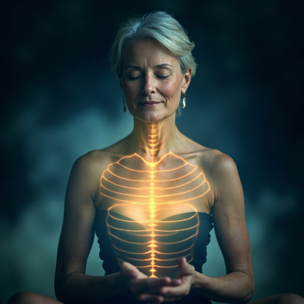 Serene middle-aged woman in soft lighting, meditating with one palm open glowing gently, subtle outlines of chest, eye, spine, and lower abdomen highlighted in calming blue and gold hues, symbolizing emotional stability during menopause transition