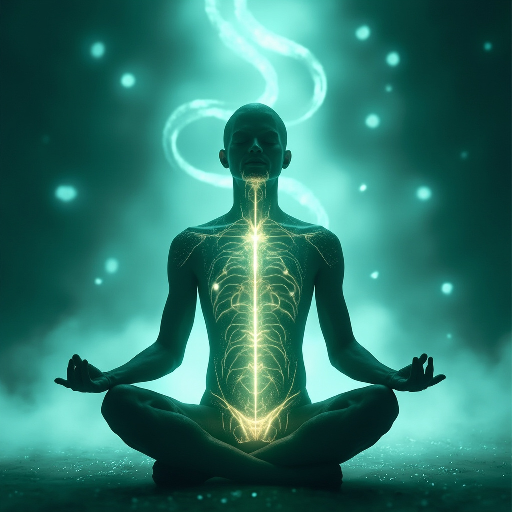 Prompt: Serene human figure in lotus pose surrounded by soft glowing energy meridians highlighting chest, face, and abdomen; subtle pollen fades into harmonious waves; calming blues and greens, evoking relief from allergy anxiety.