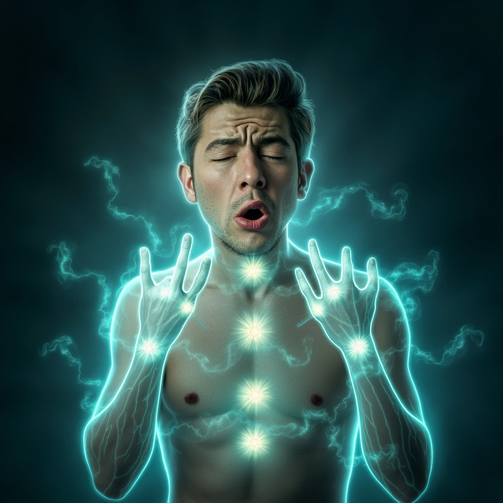 Illustration of a person sneezing with itchy skin and anxious expression, overlaid with glowing TCM acupuncture points LI4 HT7 BL13 PC6 KI3 connected by soft energy waves in calming blue-green tones, symbolizing balance between allergies and mind.
