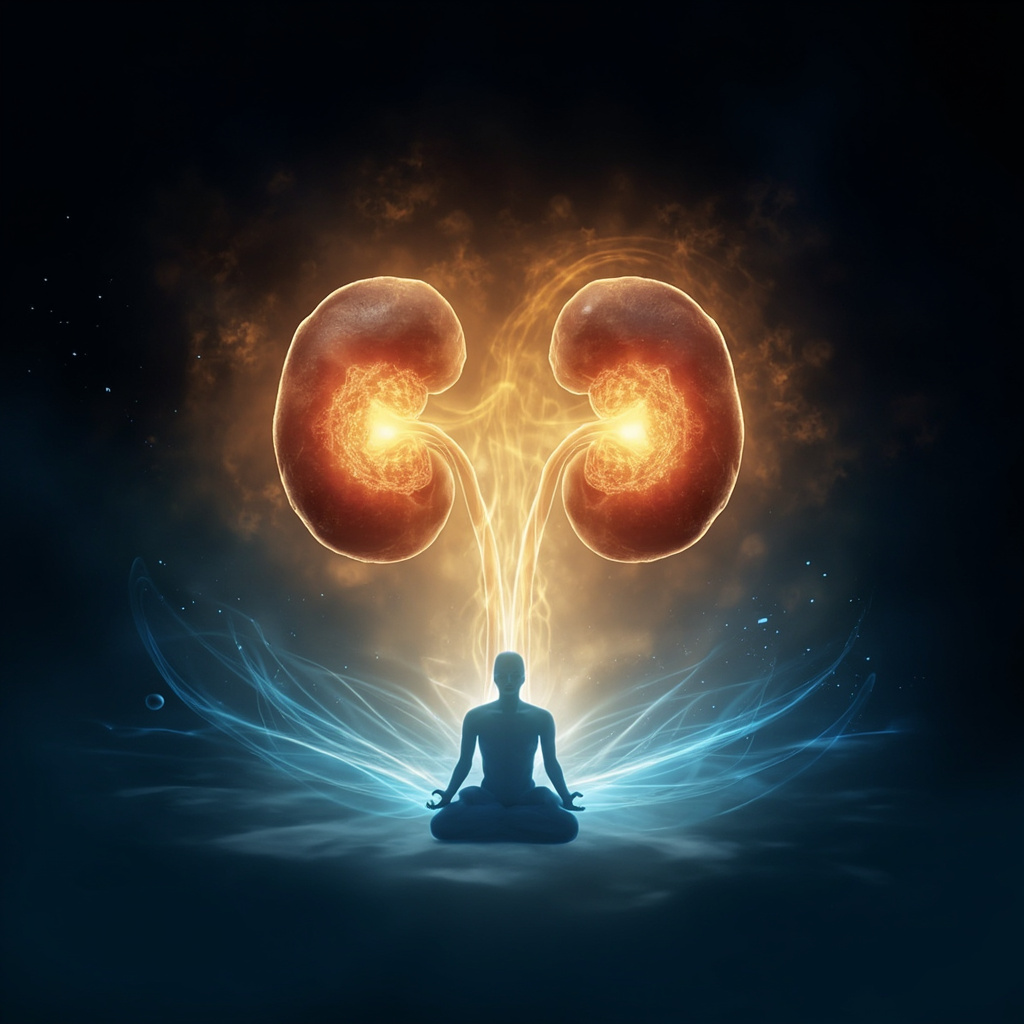 Serene anatomical illustration of adrenal glands on kidneys, medulla inner core glowing warm amber, connected by ethereal waves to a peaceful human silhouette in meditation, soft blues and golds, health and psyche theme