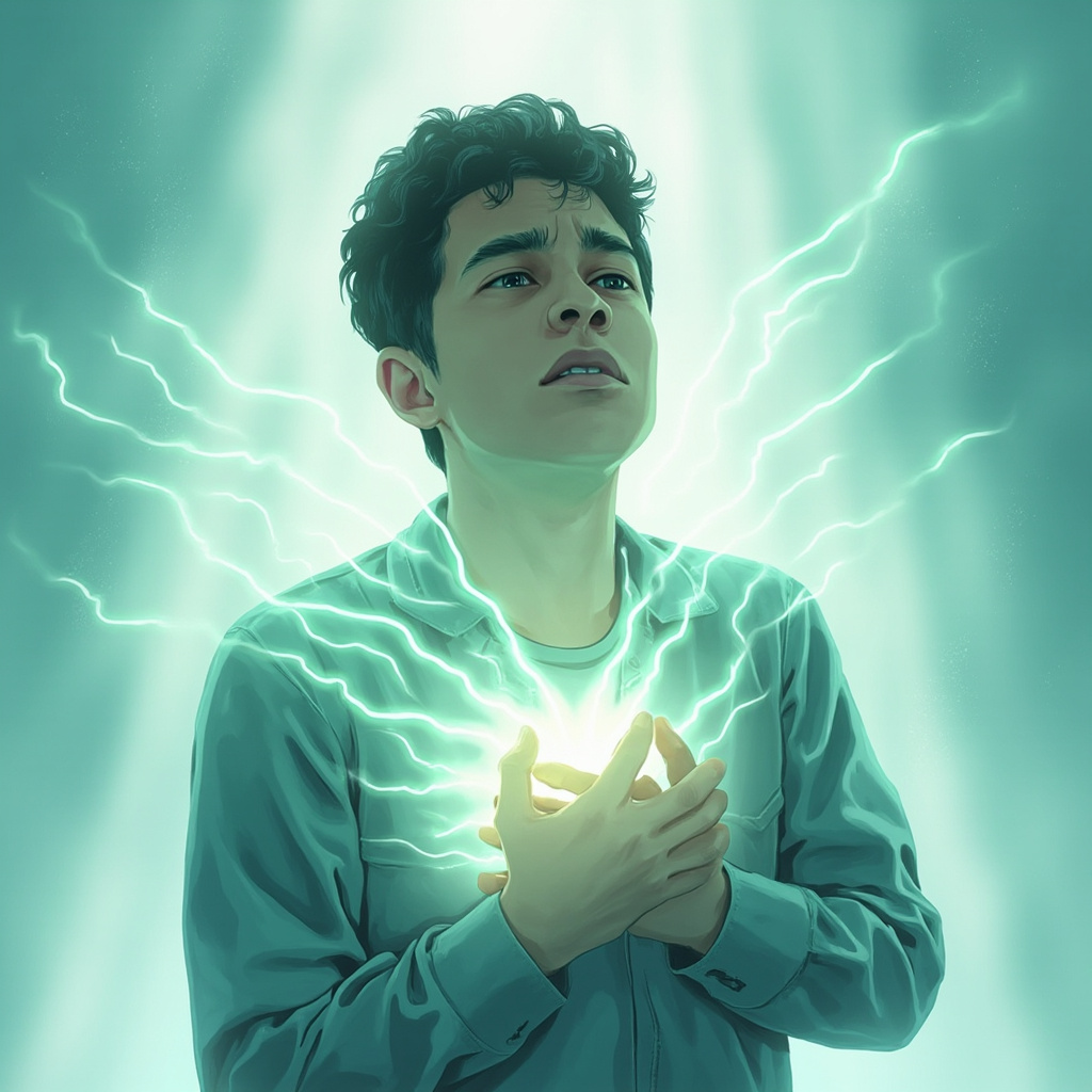 Illustration of a worried person clutching their chest, subtle glowing energy waves from heart calming the body, soft blue and green tones, serene background fading anxiety.