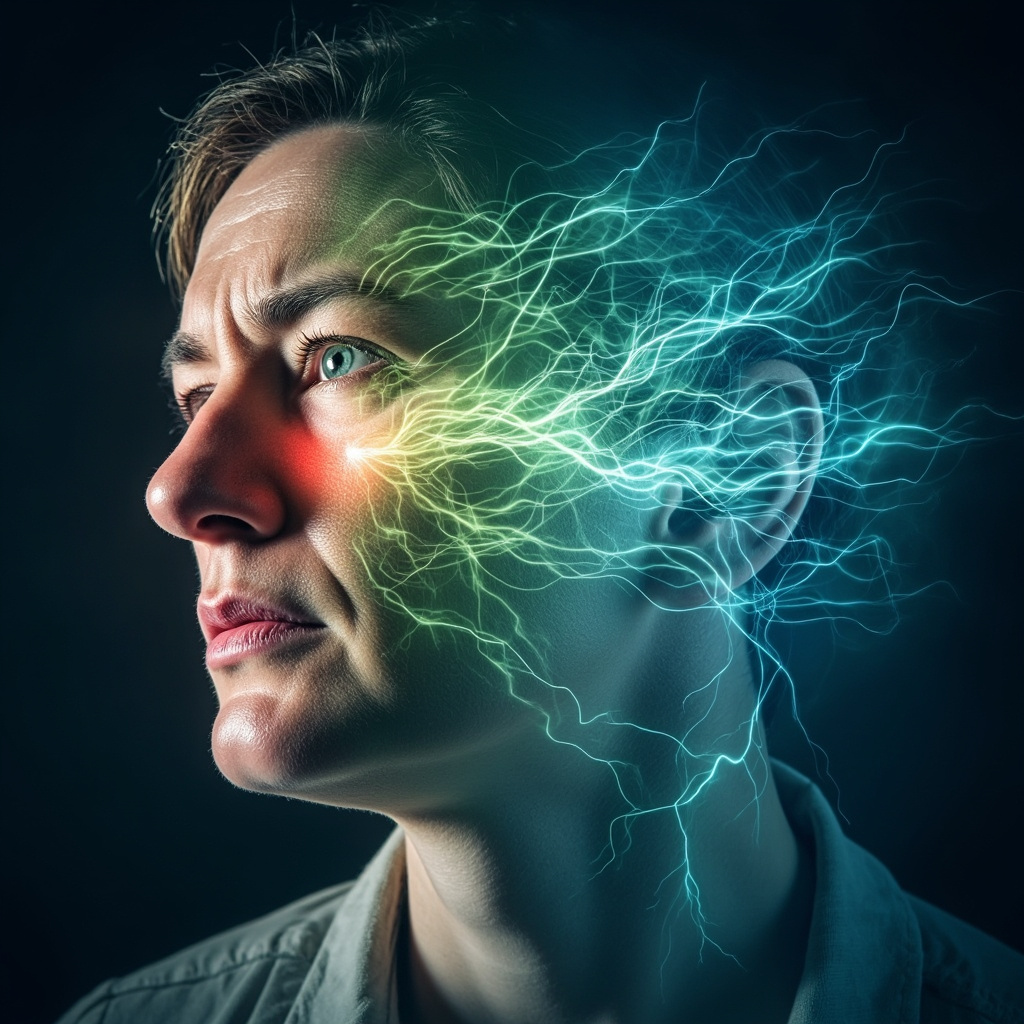 Illustration of a person with allergy symptoms like sneezing, itchy eyes, nasal congestion, looking restless and anxious, with glowing bioelectric energy lines disrupted between lungs, heart, brain, and gut, then balancing to calm state, serene blue and green tones.