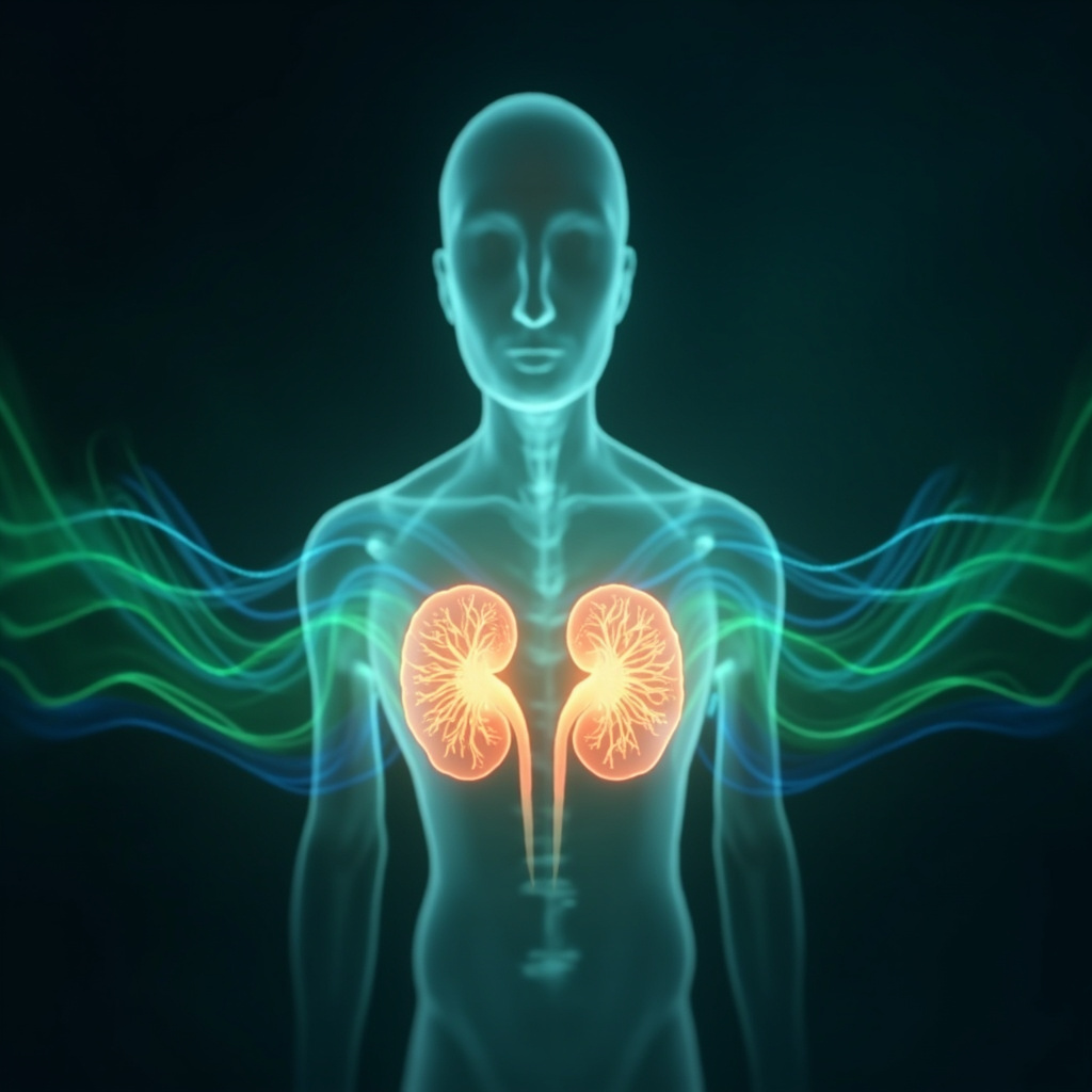 Educational illustration of adrenal glands atop kidneys glowing with stress waves turning to harmonious frequencies, in soft blues and greens, human silhouette, calming and informative style.