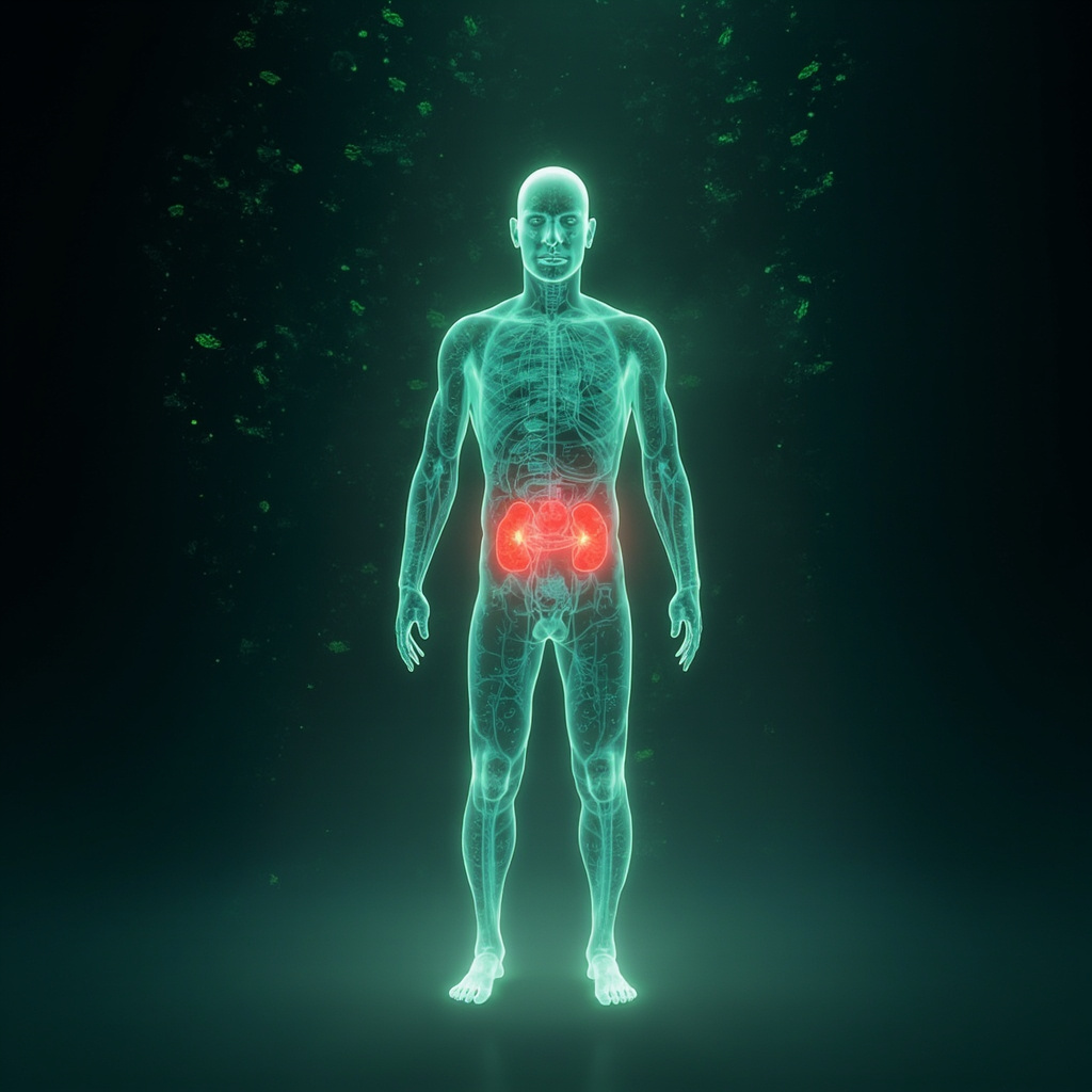 A serene yet cautionary illustration: glowing human silhouette with liver and kidneys highlighted in red, surrounded by subtle green Aspergillus mold spores releasing toxic waves; overlay faint anxious expression on face fading to calm; soft energy frequency lines balancing the organs, in calming blues and greens.