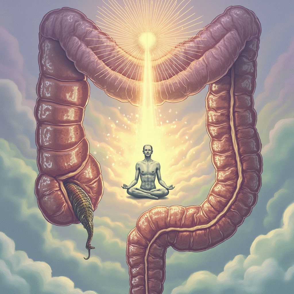 Illustration of a thorny-headed worm in intestines causing subtle distress waves to the brain, with a person in meditative pose balancing it, soft healing colors.