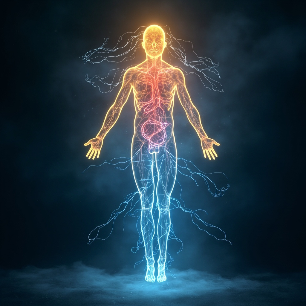 Serene illustration of a human silhouette with glowing blue energy flows disrupted by red stress waves in head, heart, and gut areas, then harmonized by soft golden frequencies and microcurrent pulses, calming overall in peaceful tones.