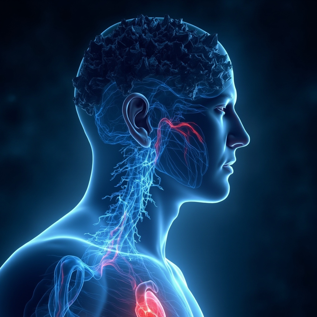 Illustration of a person at night with a stormy mind and racing heart from acute anxiety, waves of blue frequency sounds calming it to peaceful sleep, soft glowing energies, professional medical art style