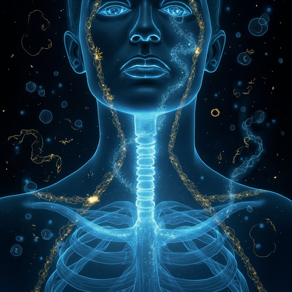 A glowing anatomical illustration of the human trachea in the neck and chest, with soft ethereal waves of blue energy flowing through it like breath, emerging into symbolic speech bubbles and open mouths, in a serene Jungian-inspired style with gold accents representing psyche and harmony.
