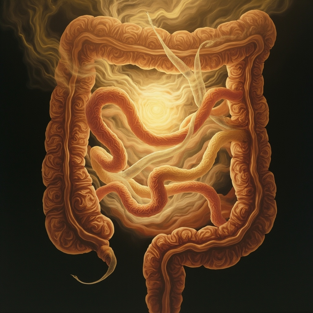 Symbolic illustration of an intestine with a ethereal flatworm representing emotional anxiety, in soft earthy tones with Jungian archetypal shadows, serene healing light emerging