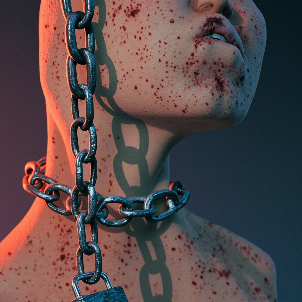Illustration of red itchy hives on human skin with overlay of shadowy figures and locked chains representing repressed emotions, in soft blue and red tones, calming background gradient