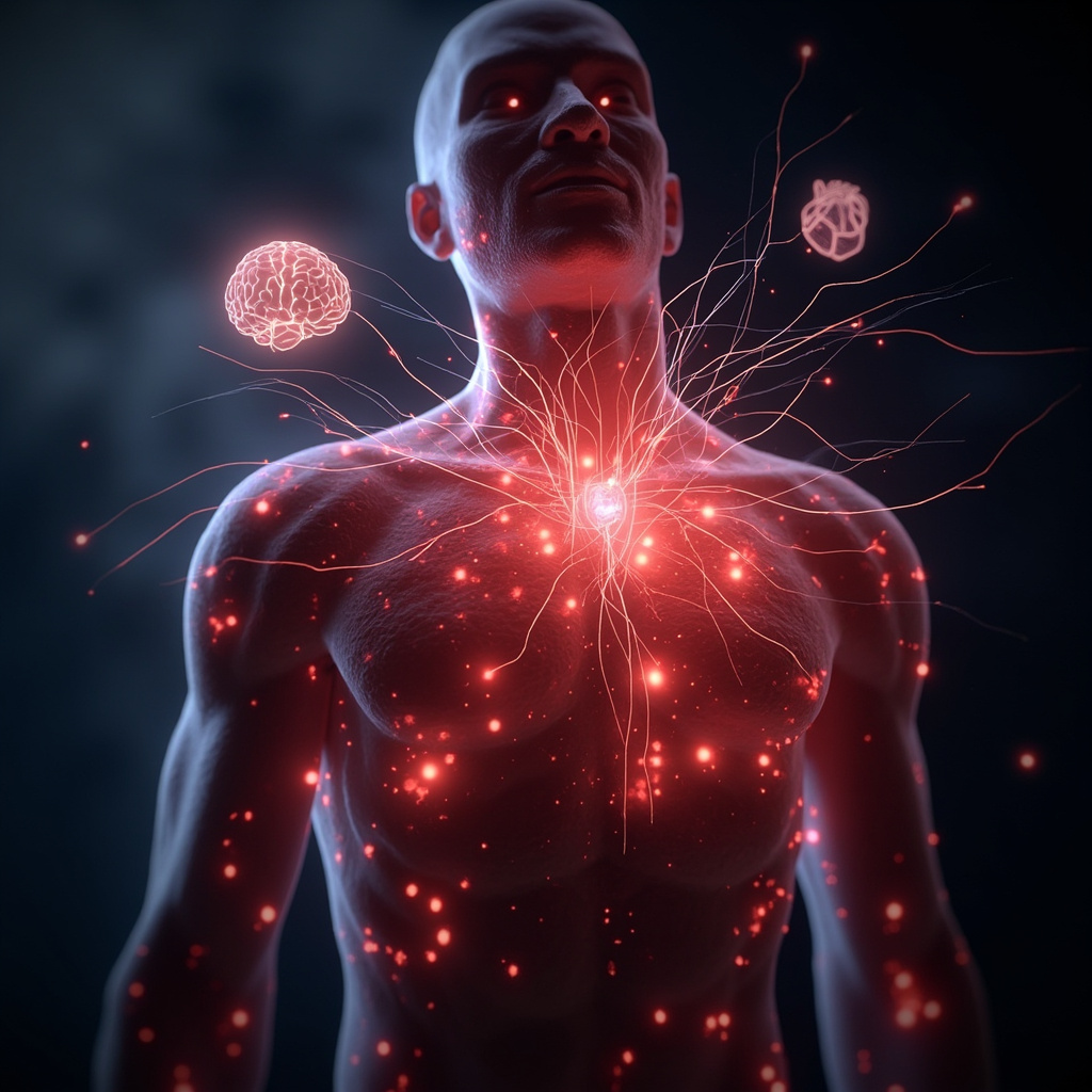 Illustration of red itchy hives on human skin, with glowing connections to a stressed brain and heart symbols representing emotions and stress waves linking mind to body
